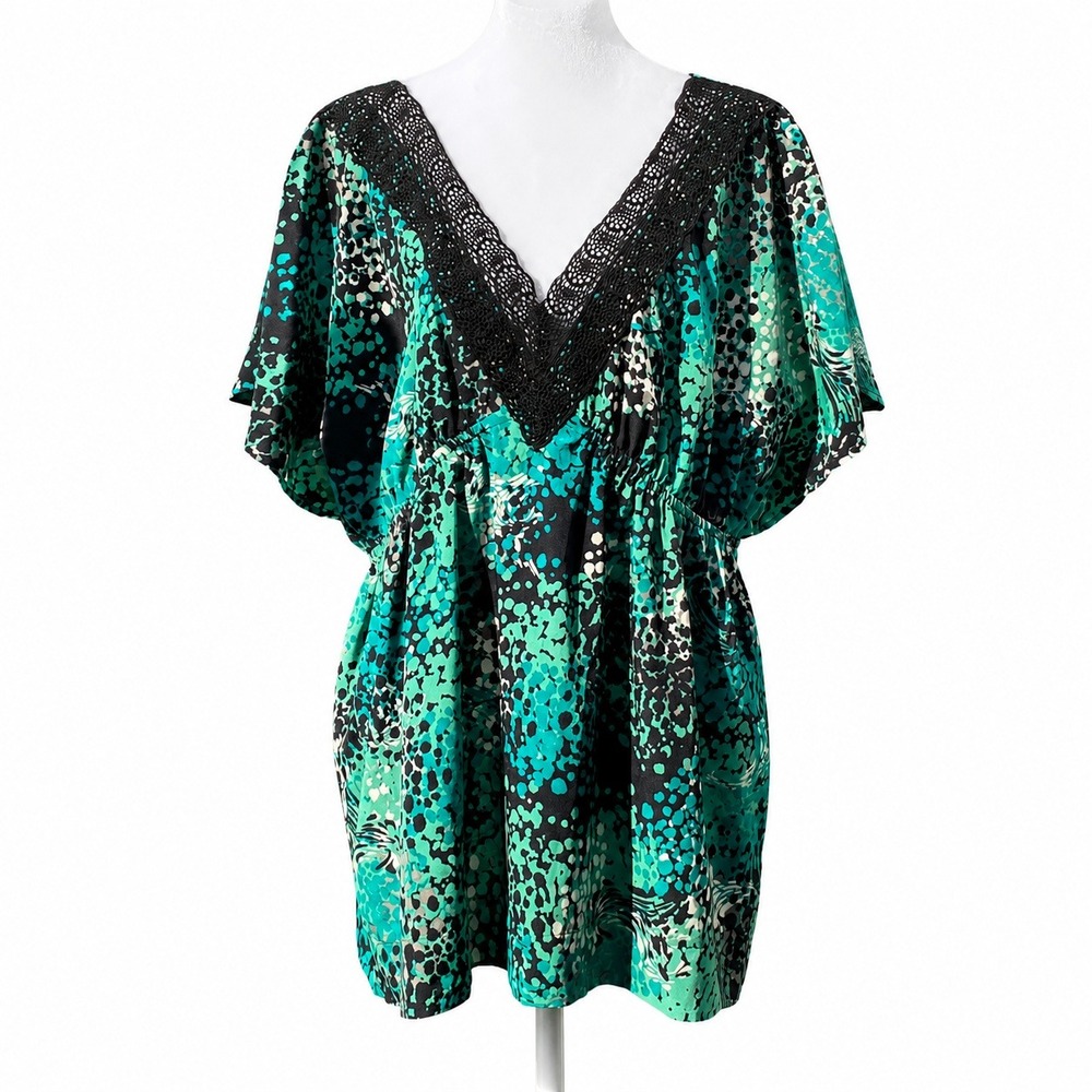 Elle XL Blouse Teal Black Abstract Print Crochet Lace V-Neck Flutter Sleeve Top